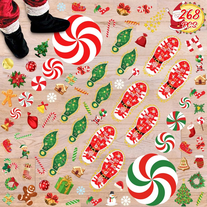 luck sea 268PCS Christmas Peppermint Floor Clings Footprints Decorations - Santa Claus/Elf/Candy/Snowman Decals Xmas Party Decor Supplies - Image 1